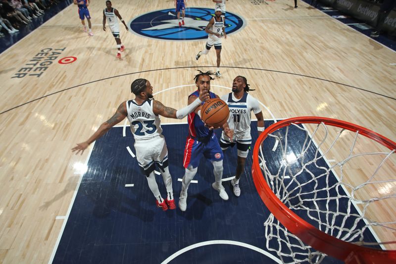 MINNEAPOLIS, MN -  MARCH 27: Troy Brown Jr. #7 of the Detroit Pistons shoots the ball during the game against the Minnesota Timberwolves  on March 27, 2024 at Target Center in Minneapolis, Minnesota. NOTE TO USER: User expressly acknowledges and agrees that, by downloading and or using this Photograph, user is consenting to the terms and conditions of the Getty Images License Agreement. Mandatory Copyright Notice: Copyright 2024 NBAE (Photo by Jordan Johnson/NBAE via Getty Images)