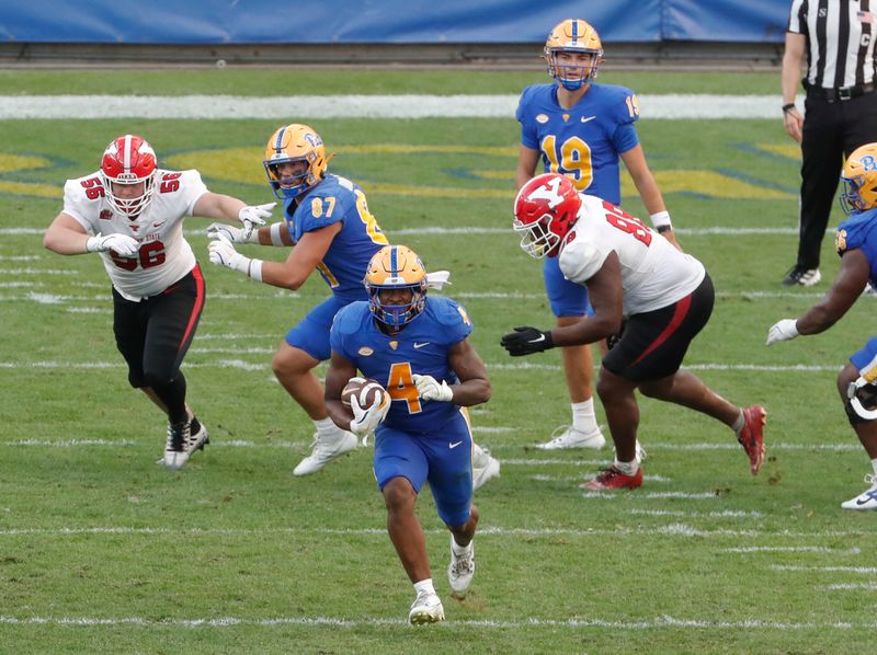 Sep 21, 2024; Pittsburgh, Pennsylvania, USA;  Pittsburgh Panthers running back Daniel Carter (4) carries the ball against the Youngstown State Penguins during the fourth quarter at Acrisure Stadium. Mandatory Credit: Charles LeClaire-Imagn Images