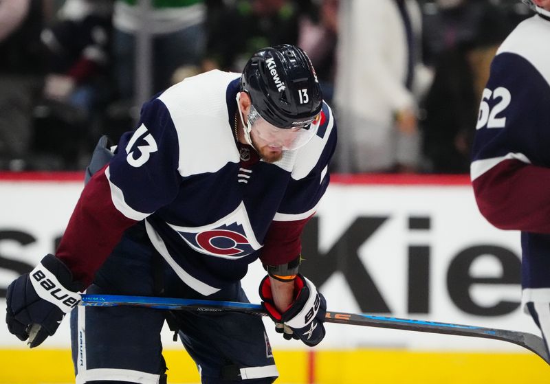 Apr 7, 2024; Denver, Colorado, USA; Colorado Avalanche right wing Valeri Nichushkin (13) following the loss to the Dallas Stars at Ball Arena. Mandatory Credit: Ron Chenoy-USA TODAY Sports