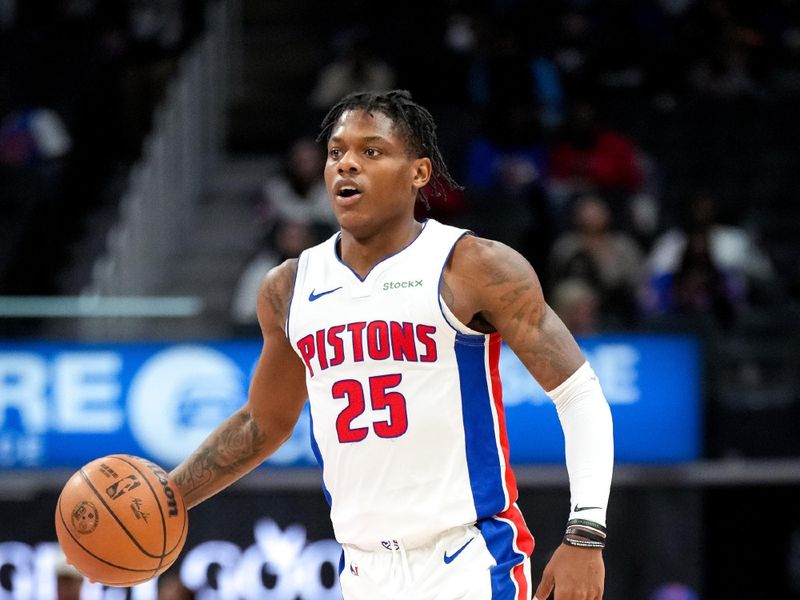 DETROIT, MICHIGAN - OCTOBER 16: Marcus Sasser #25 of the Detroit Pistons handles the ball against the Cleveland Cavaliers during the third quarter of an NBA preseason game at Little Caesars Arena on October 16, 2024 in Detroit, Michigan. NOTE TO USER: User expressly acknowledges and agrees that, by downloading and or using this photograph, User is consenting to the terms and conditions of the Getty Images License Agreement. (Photo by Nic Antaya/Getty Images)