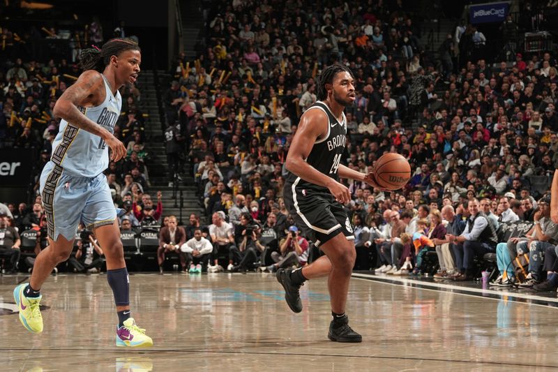 BROOKLYN, NY - NOVEMBER 4: Cam Thomas #24 of the Brooklyn Nets dribbles the ball during the game against the Memphis Grizzlies on November 4, 2024 at Barclays Center in Brooklyn, New York. NOTE TO USER: User expressly acknowledges and agrees that, by downloading and or using this Photograph, user is consenting to the terms and conditions of the Getty Images License Agreement. Mandatory Copyright Notice: Copyright 2024 NBAE (Photo by Jesse D. Garrabrant/NBAE via Getty Images)