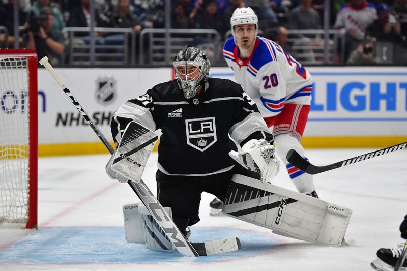 Jan 20, 2024; Los Angeles, California, USA; Los Angeles Kings goaltender David Rittich (31) defends the goal against the New York Rangers durng the third period at Crypto.com Arena. Mandatory Credit: Gary A. Vasquez-USA TODAY Sports