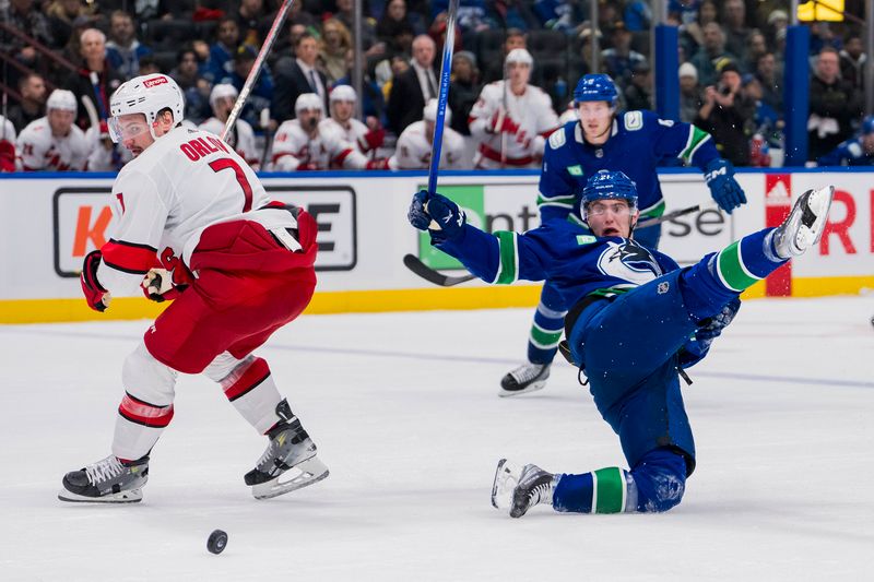 Dec 9, 2023; Vancouver, British Columbia, CAN; Vancouver Canucks forward Nils Hoglander (21) collides with Carolina Hurricanes defenseman Dmitry Orlov (7) in the third period at Rogers Arena. Vancouver won 4-3. Mandatory Credit: Bob Frid-USA TODAY Sports