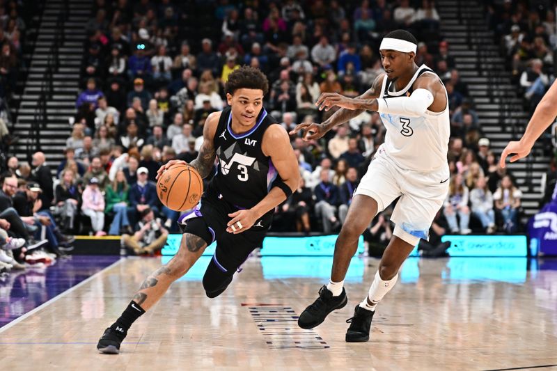 SALT LAKE CITY, UT - FEBRUARY 28:  Keyonte George #3 of the Utah Jazz dribbles the ball during the game against the Minnesota Timberwolves on February 28, 2025 at Delta Center in Salt Lake City, Utah. NOTE TO USER: User expressly acknowledges and agrees that, by downloading and or using this Photograph, User is consenting to the terms and conditions of the Getty Images License Agreement. Mandatory Copyright Notice: Copyright 2025 NBAE (Photo by Jamie Sabau/NBAE via Getty Images)