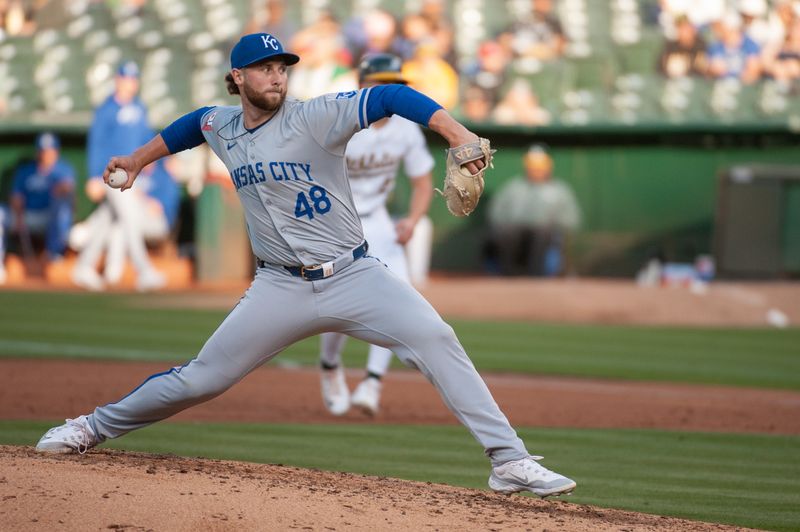 Jun 18, 2024; Oakland, California, USA; Kansas City Royals pitcher Alec Marsh (48) throws a pitch against the Oakland Athletics during the third inning at Oakland-Alameda County Coliseum. Mandatory Credit: Ed Szczepanski-USA TODAY Sports