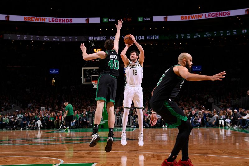 BOSTON, MA - MARCH 20: Danilo Gallinari #12 of the Milwaukee Bucks shoots the ball during the game against the Boston Celtics on March 20, 2024 at the TD Garden in Boston, Massachusetts. NOTE TO USER: User expressly acknowledges and agrees that, by downloading and or using this photograph, User is consenting to the terms and conditions of the Getty Images License Agreement. Mandatory Copyright Notice: Copyright 2024 NBAE  (Photo by Brian Babineau/NBAE via Getty Images)