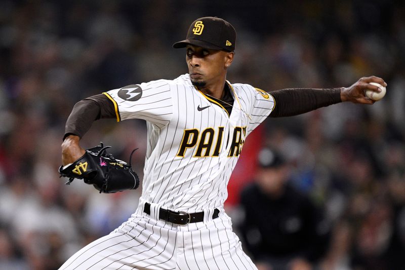 Sep 5, 2023; San Diego, California, USA; San Diego Padres relief pitcher Ray Kerr (56) throws a pitch against the Philadelphia Phillies during the eighth inning at Petco Park. Mandatory Credit: Orlando Ramirez-USA TODAY Sports