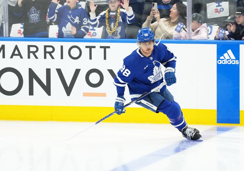 Apr 27, 2024; Toronto, Ontario, CAN; Toronto Maple Leafs right wing William Nylander (88) skates during the warmup before game four of the first round of the 2024 Stanley Cup Playoffs against the Boston Bruins at Scotiabank Arena. Mandatory Credit: Nick Turchiaro-USA TODAY SportsMandatory Credit: Nick Turchiaro-USA TODAY Sports