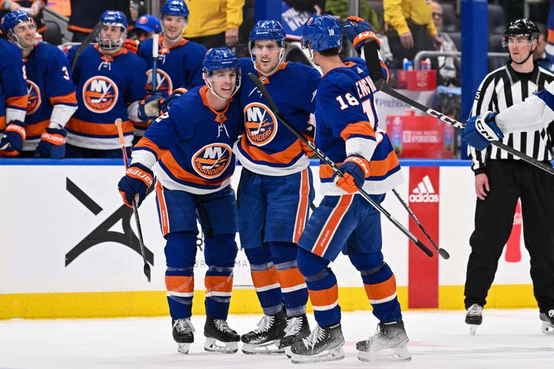 Feb 8, 2024; Elmont, New York, USA; New York Islanders defenseman Mike Reilly (2) and New York Islanders left wing Pierre Engvall (18) celebrate the goal by New York Islanders defenseman Ryan Pulock (6) against the Tampa Bay Lightning during the second period at UBS Arena. Mandatory Credit: Dennis Schneidler-USA TODAY Sports