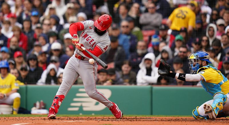 Apr 14, 2024; Boston, Massachusetts, USA; Los Angeles Angels second baseman Luis Rengifo (2) grounded into a fielders choice and drove in a run against the Boston Red Sox in the third inning at Fenway Park. Mandatory Credit: David Butler II-USA TODAY Sports