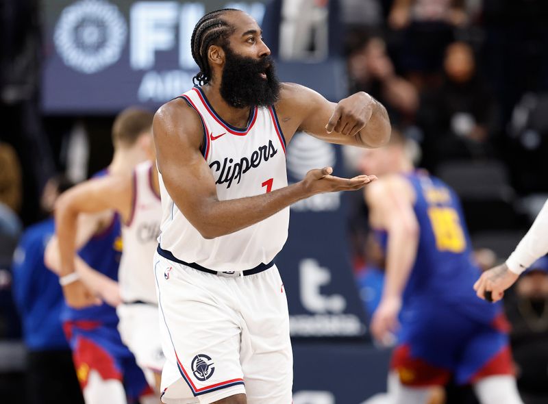 INGLEWOOD, CALIFORNIA - DECEMBER 01:  James Harden #1 of the LA Clippers after scoring against the Denver Nuggets in the second half at Intuit Dome on December 01, 2024 in Inglewood, California.  NOTE TO USER: User expressly acknowledges and agrees that, by downloading and or using this photograph, User is consenting to the terms and conditions of the Getty Images License Agreement. (Photo by Ronald Martinez/Getty Images)