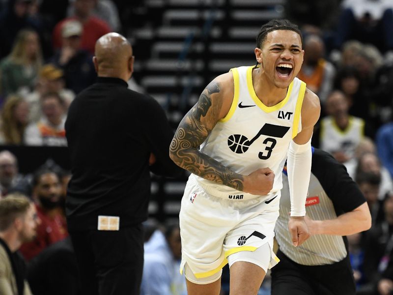 SALT LAKE CITY, UTAH - APRIL 02: Keyonte George #3 of the Utah Jazz reacts to a play during the second half of a game against the Cleveland Cavaliers at Delta Center on April 02, 2024 in Salt Lake City, Utah. NOTE TO USER: User expressly acknowledges and agrees that, by downloading and or using this photograph, User is consenting to the terms and conditions of the Getty Images License Agreement. (Photo by Alex Goodlett/Getty Images)