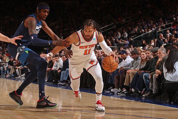 NEW YORK, NY - JANUARY 1: Jalen Brunson #11 of the New York Knicks handles the ball during the game against the Minnesota Timberwolves on January 1, 2024 at Madison Square Garden in New York City, New York.  NOTE TO USER: User expressly acknowledges and agrees that, by downloading and or using this photograph, User is consenting to the terms and conditions of the Getty Images License Agreement. Mandatory Copyright Notice: Copyright 2024 NBAE  (Photo by Nathaniel S. Butler/NBAE via Getty Images)