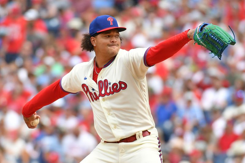 Aug 6, 2023; Philadelphia, Pennsylvania, USA; Philadelphia Phillies starting pitcher Taijuan Walker (99) throws a pitch against the Kansas City Royals at Citizens Bank Park. Mandatory Credit: Eric Hartline-USA TODAY Sports