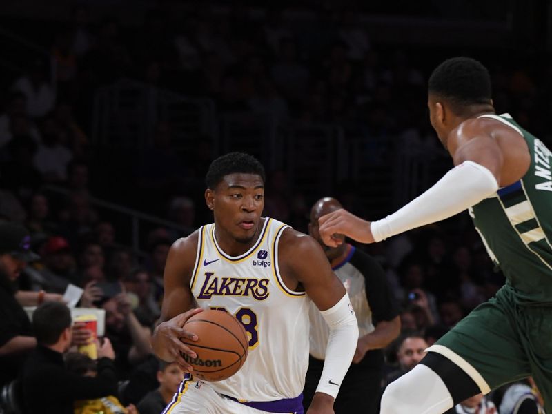 LOS ANGELES, CA - OCTOBER 15: Rui Hachimura #28 of the Los Angeles Lakers handles the ball against defender Giannis Antetokounmpo #34 of the Milwaukee Bucks during the preseason game on October 15, 2023 at Crypto.Com Arena in Los Angeles, California. NOTE TO USER: User expressly acknowledges and agrees that, by downloading and/or using this Photograph, user is consenting to the terms and conditions of the Getty Images License Agreement. Mandatory Copyright Notice: Copyright 2023 NBAE (Photo by Juan Ocampo/NBAE via Getty Images)