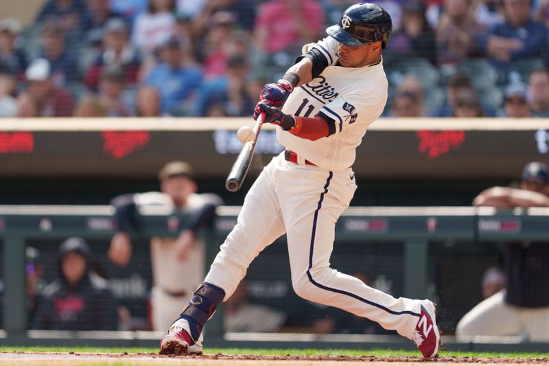 Sep 24, 2023; Minneapolis, Minnesota, USA; Minnesota Twins third baseman Jorge Polanco (11) fouls a ball thrown by Los Angeles Angels pitcher Andrew Wantz (60) in the first inning at Target Field. Mandatory Credit: Matt Blewett-USA TODAY Sports