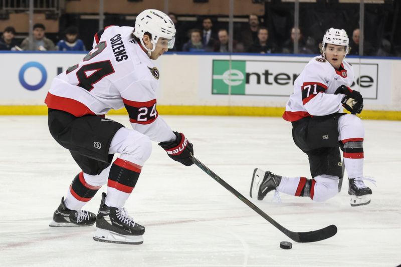 Jan 14, 2026; New York, New York, USA; Ottawa Senators center Dylan Cozens (24) controls the puck in the third period against the New York Rangers at Madison Square Garden. Mandatory Credit: Wendell Cruz-Imagn Images Jan 14, 2026; New York, New York, USA; Ottawa Senators center Dylan Cozens (24) controls the puck in the third period against the New York Rangers at Madison Square Garden. Mandatory Credit: Wendell Cruz-Imagn Images