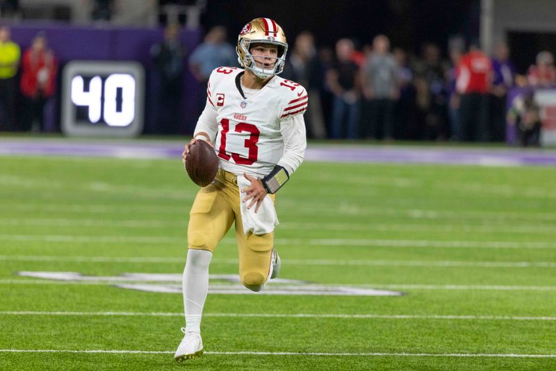 San Francisco 49ers quarterback Brock Purdy plays during an NFL football game against the Minnesota Vikings, Monday, Oct. 23, 2023, in Minneapolis. (AP Photo/Andy Clayton-King)