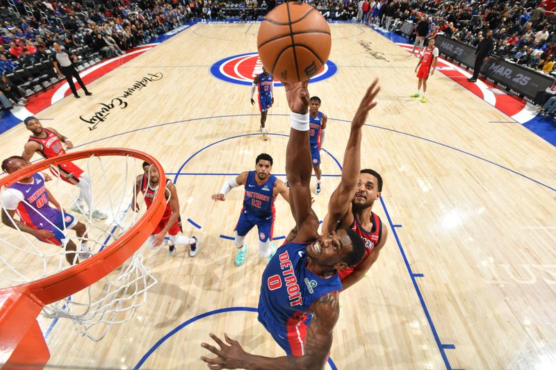 DETROIT, MI - MARCH 23: Jalen Duren #0 of the Detroit Pistons goes up for the rebound during the game against the New Orleans Pelicans  on March 23, 2025 at Little Caesars Arena in Detroit, Michigan. NOTE TO USER: User expressly acknowledges and agrees that, by downloading and/or using this photograph, User is consenting to the terms and conditions of the Getty Images License Agreement. Mandatory Copyright Notice: Copyright 2025 NBAE (Photo by Chris Schwegler/NBAE via Getty Images)