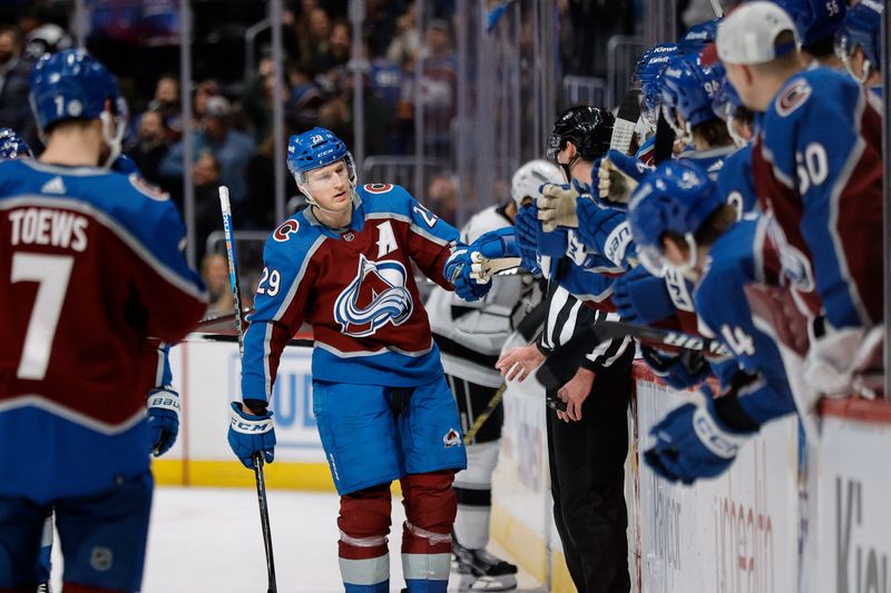 Jan 26, 2024; Denver, Colorado, USA; Colorado Avalanche center Nathan MacKinnon (29) celebrates with the bench after his goal in the first period against the Los Angeles Kings at Ball Arena. Mandatory Credit: Isaiah J. Downing-USA TODAY Sports