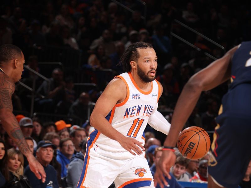 NEW YORK, NY - DECEMBER 1: Jalen Brunson #11 of the New York Knicks handles the ball during the game against the New Orleans Pelicans on December 1, 2024 at Madison Square Garden in New York City, New York.  NOTE TO USER: User expressly acknowledges and agrees that, by downloading and or using this photograph, User is consenting to the terms and conditions of the Getty Images License Agreement. Mandatory Copyright Notice: Copyright 2024 NBAE  (Photo by Nathaniel S. Butler/NBAE via Getty Images)