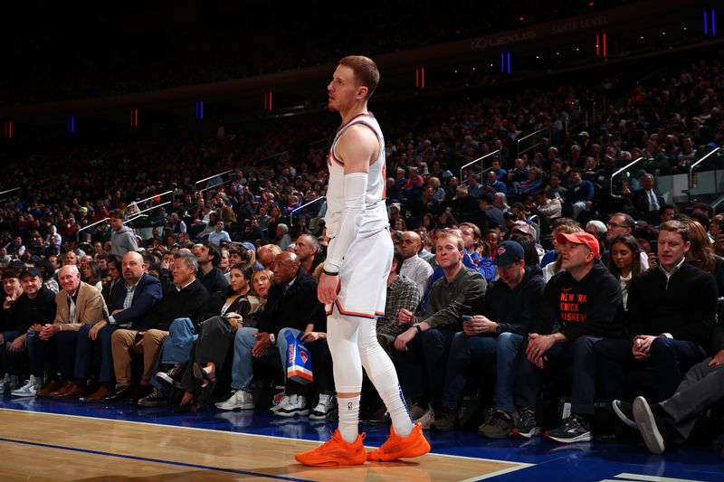 NEW YORK, NY - MARCH 25:  Donte Divincenzo #0 of the New York Knicks looks on during the game against the Detroit Pistons on March 25, 2024 at Madison Square Garden in New York City, New York.  NOTE TO USER: User expressly acknowledges and agrees that, by downloading and or using this photograph, User is consenting to the terms and conditions of the Getty Images License Agreement. Mandatory Copyright Notice: Copyright 2024 NBAE  (Photo by David L. Nemec /NBAE via Getty Images)