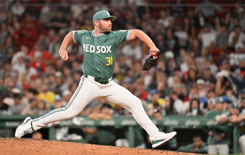 May 16, 2025; Boston, Massachusetts, USA; Boston Red Sox relief pitcher Liam Hendriks (31) throws against the Atlanta Braves during the ninth inning at Fenway Park. Mandatory Credit: Eric Canha-Imagn Images