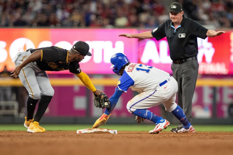 Sep 9, 2023; Cumberland, Georgia, USA; Atlanta Braves right fielder Ronald Acuna Jr. (13) steals second base against Pittsburgh Pirates shortstop Liover Peguero (60) in the fifth inning at Truist Park. Mandatory Credit: Jordan Godfree-USA TODAY Sports