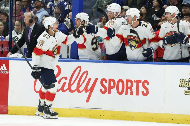 Feb 17, 2024; Tampa, Florida, USA;  Florida Panthers defenseman Brandon Montour (62) celebrates after scoring a goal against the Tampa Bay Lightning in the first period at Amalie Arena. Mandatory Credit: Nathan Ray Seebeck-USA TODAY Sports