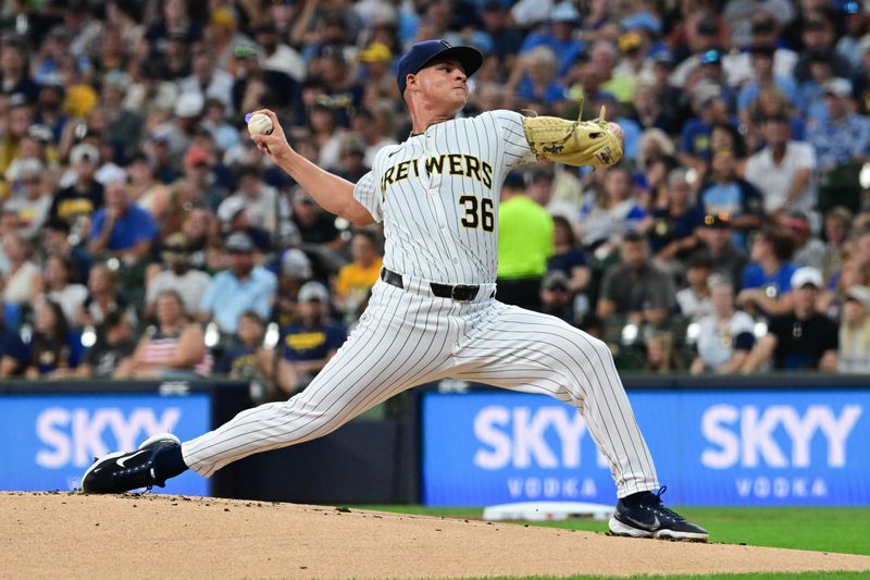 Jul 28, 2024; Milwaukee, Wisconsin, USA; Milwaukee Brewers starting pitcher Tobias Myers (36) pitches in the first inning against the Miami Marlins at American Family Field. Mandatory Credit: Benny Sieu-USA TODAY Sports