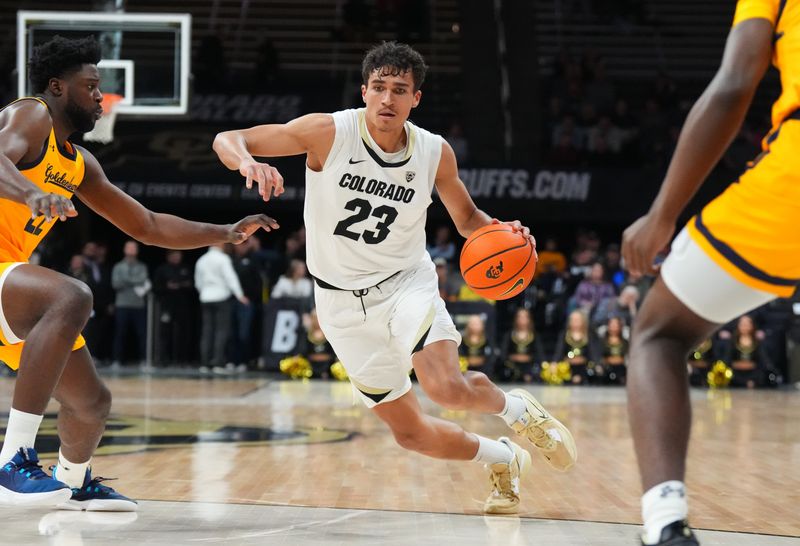 Feb 2, 2023; Boulder, Colorado, USA; Colorado Buffaloes forward Tristan da Silva (23) drives in the first half against the California Golden Bears at the CU Events Center. Mandatory Credit: Ron Chenoy-USA TODAY Sports