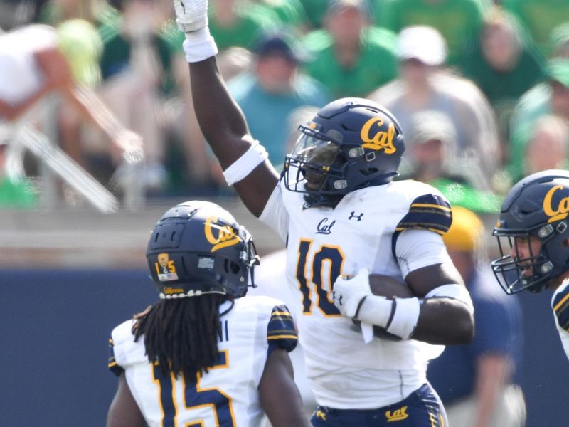 Sep 17, 2022; South Bend, Indiana, USA; California Bears linebacker Oluwafemi Oladejo (10) celebrates after a fumble recovery against the Notre Dame Fighting Irish at Notre Dame Stadium. Mandatory Credit: Matt Cashore-USA TODAY Sports