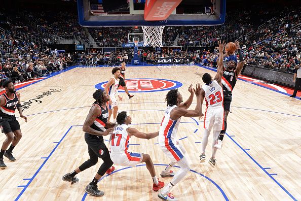 DETROIT, MI - NOVEMBER 1: Jerami Grant #9 of the Portland Trail Blazers shoots the ball during the game against the Detroit Pistons on November 1, 2023 at Little Caesars Arena in Detroit, Michigan. NOTE TO USER: User expressly acknowledges and agrees that, by downloading and/or using this photograph, User is consenting to the terms and conditions of the Getty Images License Agreement. Mandatory Copyright Notice: Copyright 2023 NBAE (Photo by Chris Schwegler/NBAE via Getty Images)