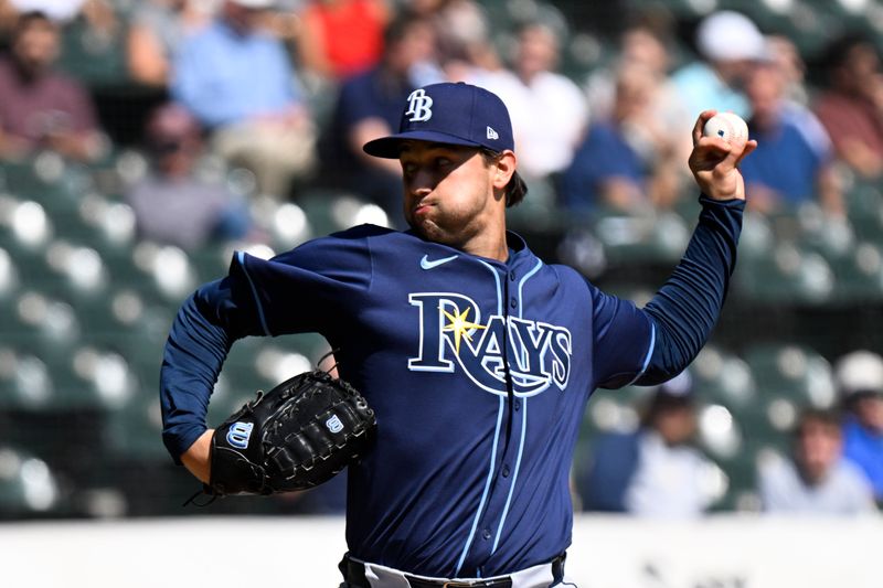 Sep 11, 2025; Chicago, Illinois, USA;  Tampa Bay Rays pitcher Ian Seymour (61) delivers against the Chicago White Sox during the first inning at Rate Field. Mandatory Credit: Matt Marton-Imagn Images