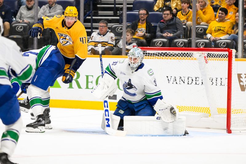 Jan 29, 2025; Nashville, Tennessee, USA;  Vancouver Canucks goaltender Thatcher Demko (35) blocks the shot of the deflection of Nashville Predators right wing Michael McCarron (47) during the third period at Bridgestone Arena. Mandatory Credit: Steve Roberts-Imagn Images