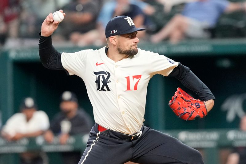 Jun 21, 2024; Arlington, Texas, USA; Texas Rangers starting pitcher Nathan Eovaldi (17) delivers a pitch to the Kansas City Royals during the first inning at Globe Life Field. Mandatory Credit: Jim Cowsert-USA TODAY Sports