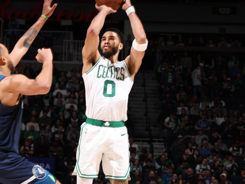 MINNEAPOLIS, MN -  MARCH 15: Jayson Tatum #0 of the Boston Celtics shoots a three point basket during the game  on March 15, 2023 at Target Center in Minneapolis, Minnesota. NOTE TO USER: User expressly acknowledges and agrees that, by downloading and or using this Photograph, user is consenting to the terms and conditions of the Getty Images License Agreement. Mandatory Copyright Notice: Copyright 2023 NBAE (Photo by David Sherman/NBAE via Getty Images)