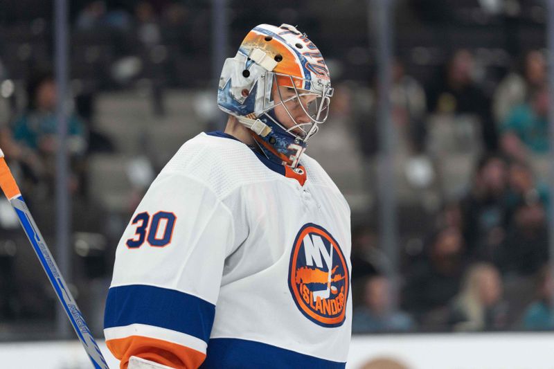 Mar 7, 2024; San Jose, California, USA; New York Islanders goaltender Ilya Sorokin (30) during the second period against the San Jose Sharks at SAP Center at San Jose. Mandatory Credit: Stan Szeto-USA TODAY Sports