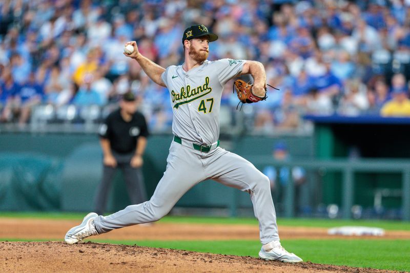 May 18, 2024; Kansas City, Missouri, USA; Oakland Athletics pitcher Michael Kelly (47) throws during the eighth inning against the Kansas City Royals at Kauffman Stadium. Mandatory Credit: William Purnell-USA TODAY Sports