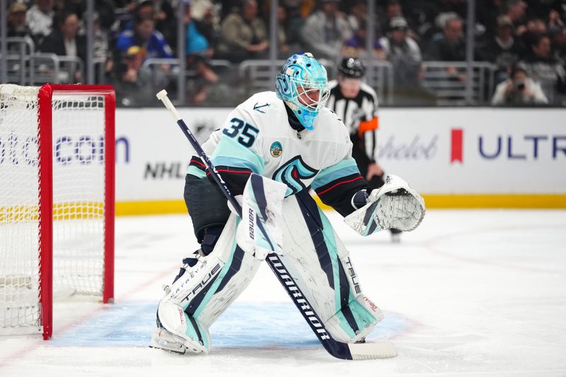 Dec 23, 2025; Los Angeles, California, USA; Seattle Kraken goaltender Joey Daccord (35) defends the goal against the LA Kings in the second period at Crypto.com Arena. Mandatory Credit: Kirby Lee-Imagn Images