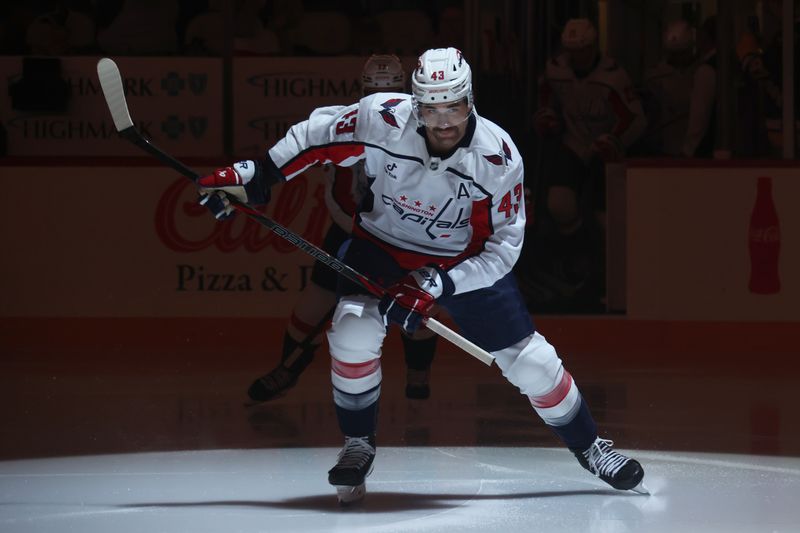 Nov 6, 2025; Pittsburgh, Pennsylvania, USA;  Washington Capitals right wing Tom Wilson (43) takes the ice against the Pittsburgh Penguins during the first period at PPG Paints Arena. Mandatory Credit: Charles LeClaire-Imagn Images