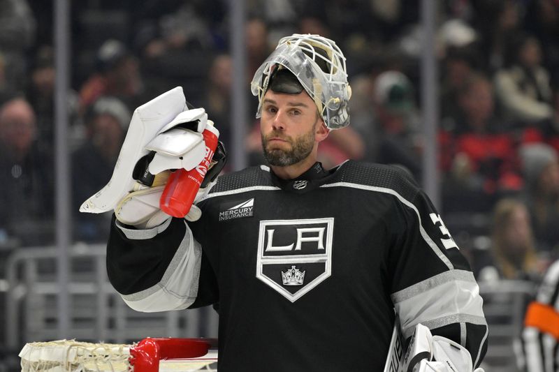 Mar 3, 2024; Los Angeles, California, USA;  Los Angeles Kings goaltender Cam Talbot (39) looks on during a break in play in the third period against the New Jersey Devils at Crypto.com Arena. Mandatory Credit: Jayne Kamin-Oncea-USA TODAY Sports