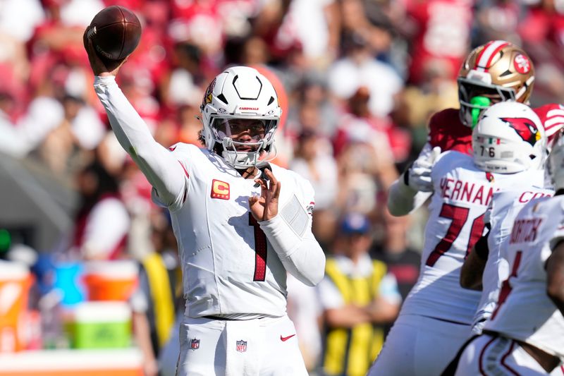 Arizona Cardinals quarterback Kyler Murray (1) passes against the San Francisco 49ers during the second half of an NFL football game in Santa Clara, Calif., Sunday, Oct. 6, 2024. (AP Photo/Godofredo A. Vásquez)