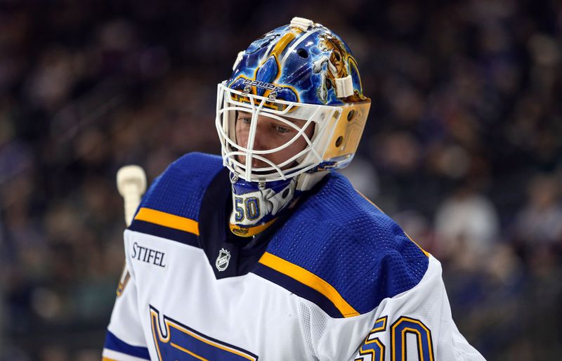 Mar 9, 2024; New York, New York, USA; St. Louis Blues goalie Jordan Binnington (50) during the second period against the New York Rangers at Madison Square Garden. Mandatory Credit: Danny Wild-USA TODAY Sports