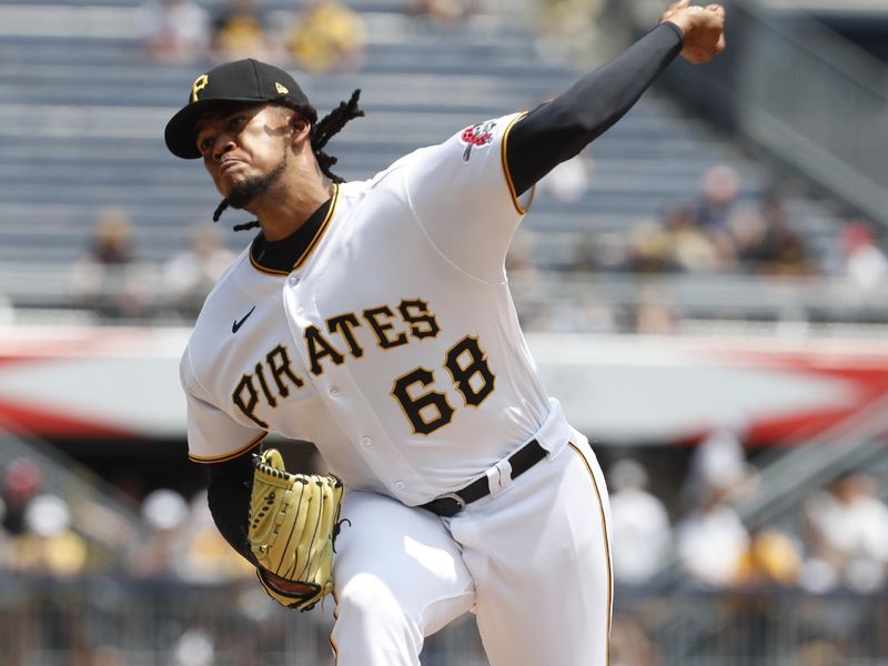 Jul 16, 2023; Pittsburgh, Pennsylvania, USA;  Pittsburgh Pirates relief pitcher Angel Perdomo (68) pitches against the San Francisco Giants /during the seventh inning at PNC Park. Mandatory Credit: Charles LeClaire-USA TODAY Sports