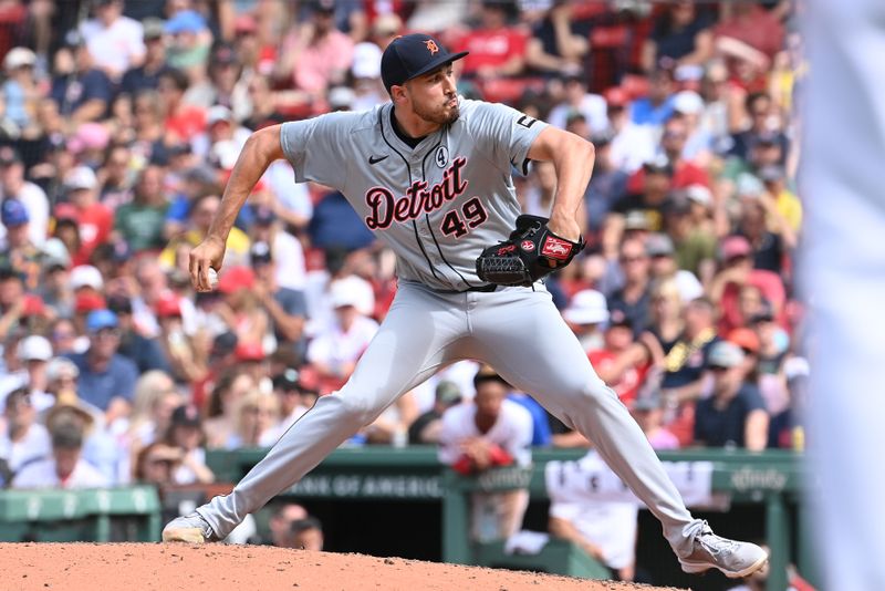 Jun 2, 2024; Boston, Massachusetts, USA;  Detroit Tigers pitcher Alex Faedo (49) pitches against the Boston Red Sox during the eighth inning at Fenway Park. Mandatory Credit: Eric Canha-USA TODAY Sports