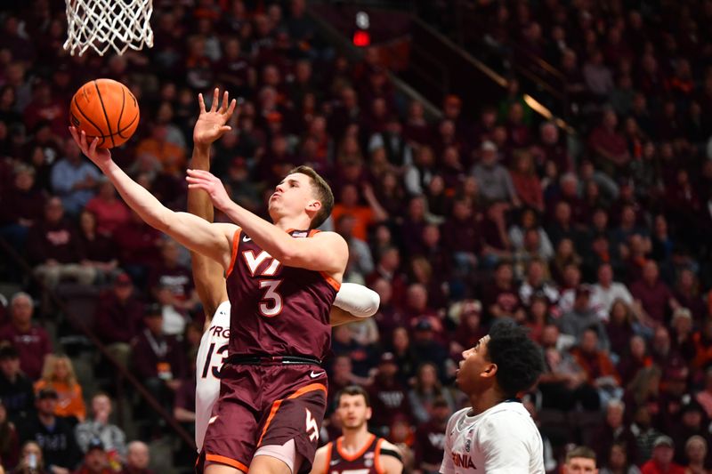 Feb 19, 2024; Blacksburg, Virginia, USA; Virginia Tech Hokies guard Sean Pedulla (3) goes in for a layup during the second half at Cassell Coliseum. Mandatory Credit: Brian Bishop-USA TODAY Sports