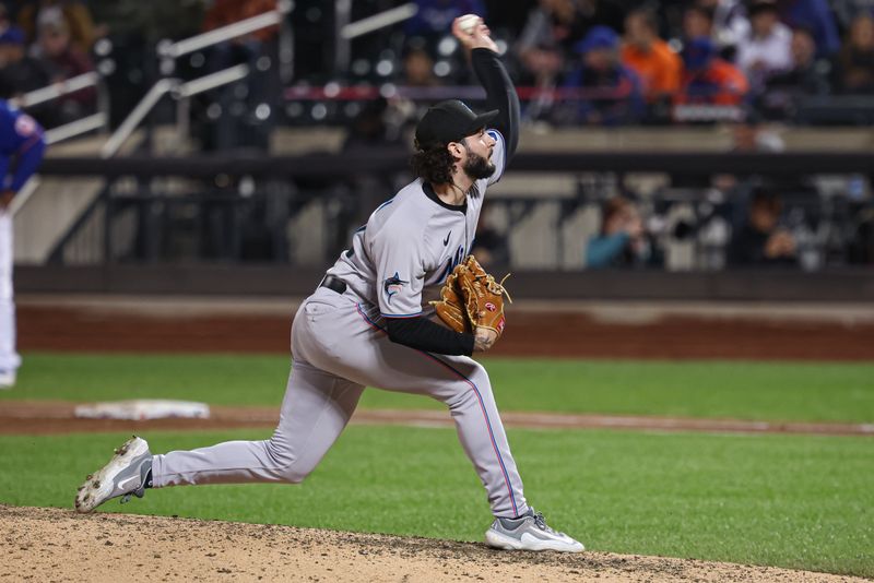 Sep 27, 2023; New York, NY, USA; Miami Marlins relief pitcher Andrew Nardi (43) delivers a pitch during the ninth inning against the New York Mets at Citi Field.  Mandatory Credit: Vincent Carchietta-USA TODAY Sports