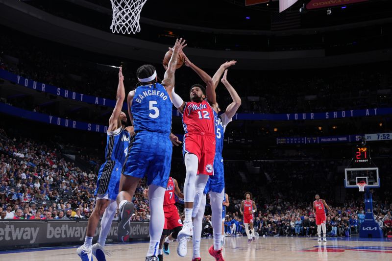 PHILADELPHIA, PA - APRIL 12: Tobias Harris #12 of the Philadelphia 76ers drives to the basket during the game against the San Antonio Spurs on April 12, 2024 at the Wells Fargo Center in Philadelphia, Pennsylvania NOTE TO USER: User expressly acknowledges and agrees that, by downloading and/or using this Photograph, user is consenting to the terms and conditions of the Getty Images License Agreement. Mandatory Copyright Notice: Copyright 2024 NBAE (Photo by Jesse D. Garrabrant/NBAE via Getty Images)