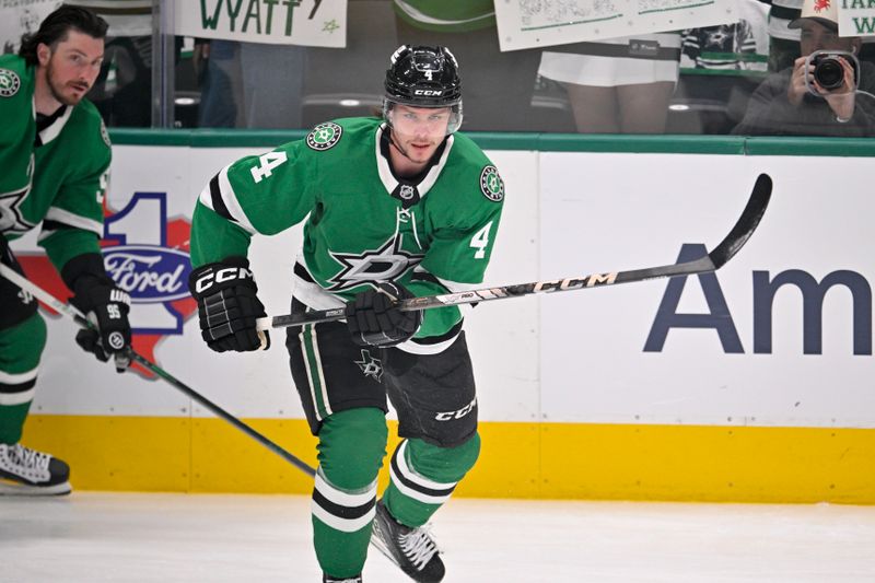 May 13, 2025; Dallas, Texas, USA; Dallas Stars defenseman Miro Heiskanen (4) skates in warmups prior to the start of the game against the Winnipeg Jets in game four of the second round of the 2025 Stanley Cup Playoffs at American Airlines Center. Mandatory Credit: Jerome Miron-Imagn Images